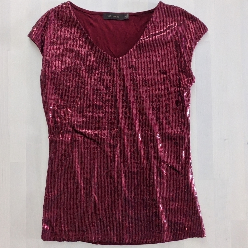 The Limited Maroon Sequin V Neck Tee